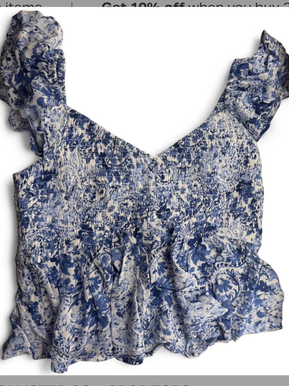 Hollister Blue & White Floral Ruffle Smocked Crop Top